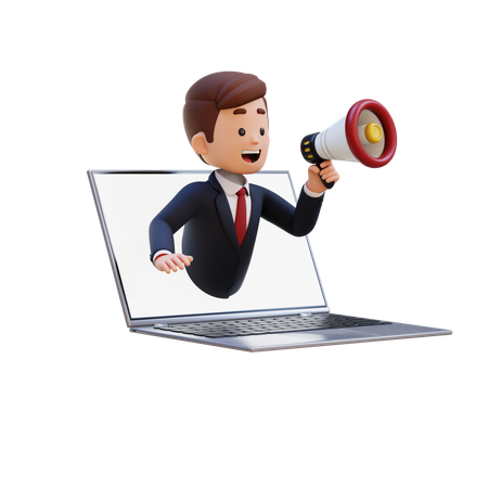 Businessman Jumping Out From Computer Screen And Holding Megaphone  3D Illustration