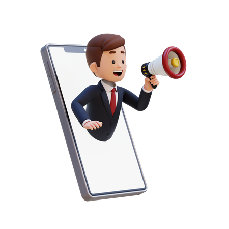 Businessman Jumping Out From Smart Phone Screen And Holding Megaphone  3D Illustration
