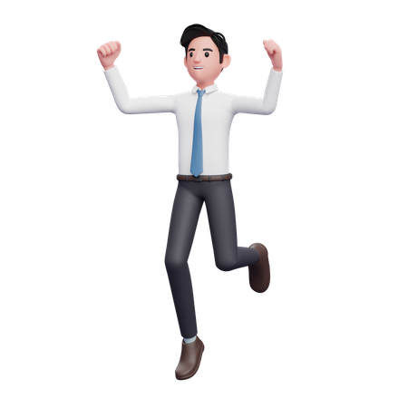 Businessman jumping pose wearing long shirt and blue tie 3D Illustration