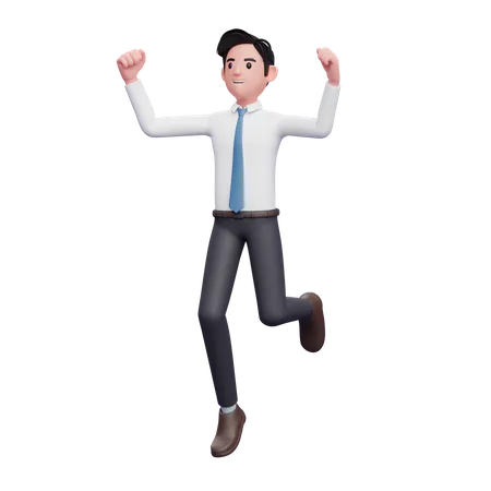 Businessman jumping pose wearing long shirt and blue tie 3D Illustration