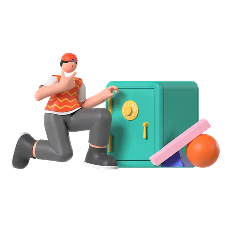 Businessman keeps his money in Safe box  3D Illustration