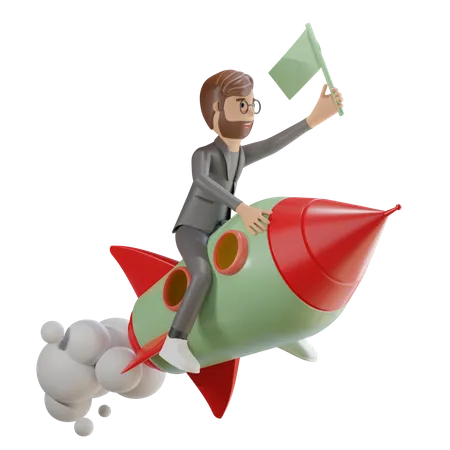 3 D Businessman Character Flying With Rocket 3D Illustration