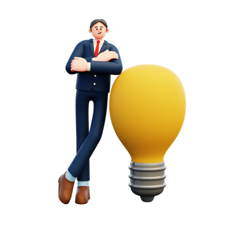 Businessman Leaning On Big Bulb  3D Illustration