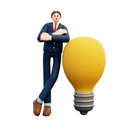 Businessman Leaning On Big Bulb  3D Illustration