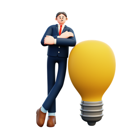 Businessman Leaning On Big Bulb  3D Illustration