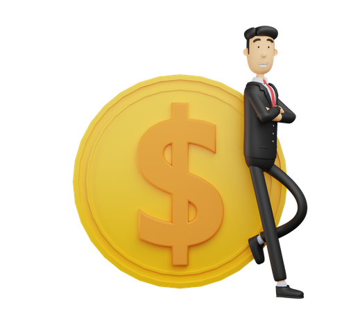 Businessman leaning on dollar coin 3D Illustration