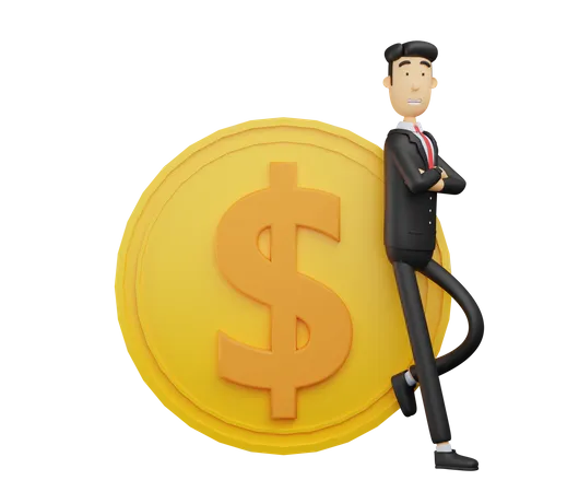 3 D Bussiness Man Character Leaning On Dollar Coins 3D Illustration