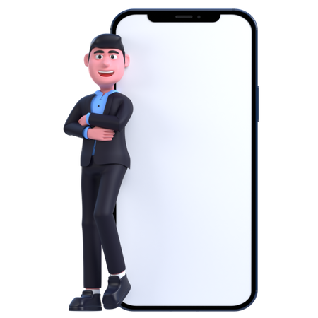 Businessman Leaning on Phone  3D Illustration