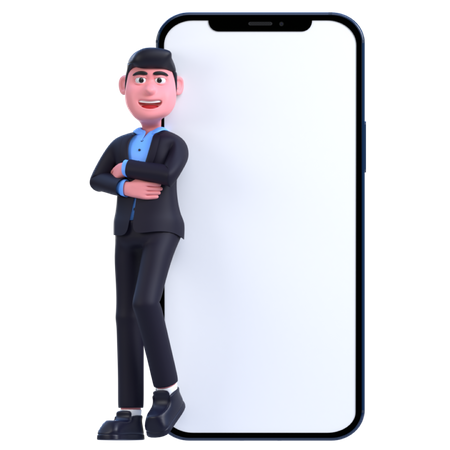 Businessman Leaning on Phone  3D Illustration