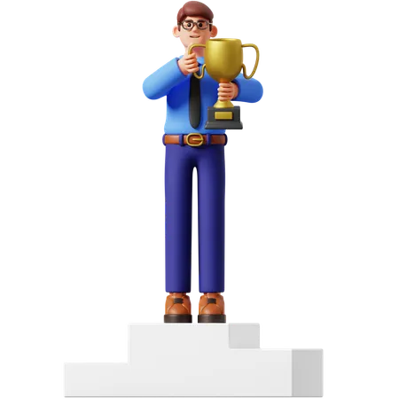 Businessman Lifting A Trophy  3D Illustration