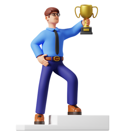 Businessman Lifting A Trophy  3D Illustration