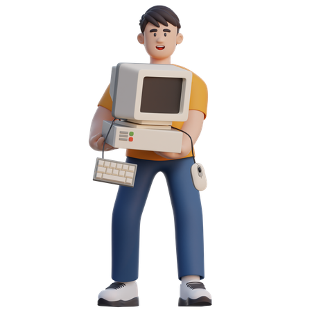 Businessman Lifting Old Computer  3D Illustration