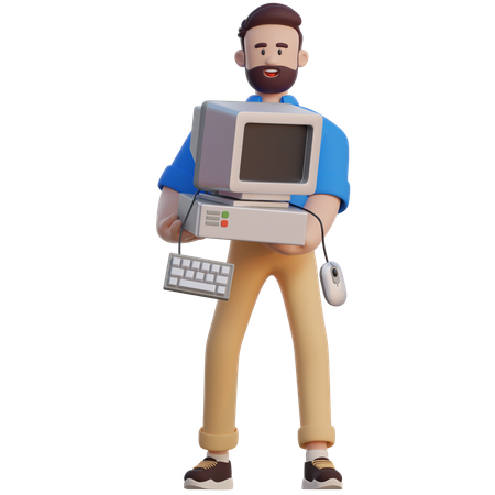 Businessman Lifting Old Computer  3D Illustration