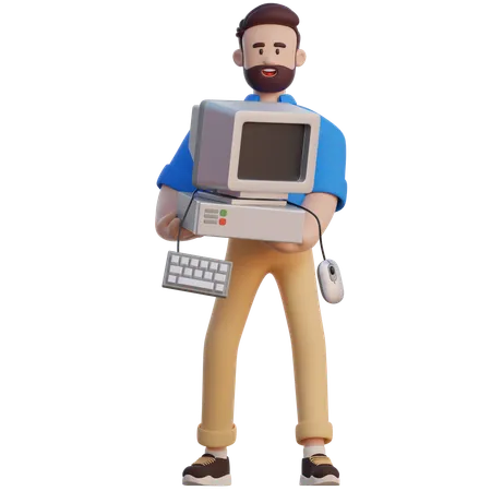 Businessman Lifting Old Computer  3D Illustration