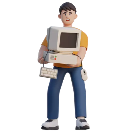 Businessman Lifting Old Computer  3D Illustration