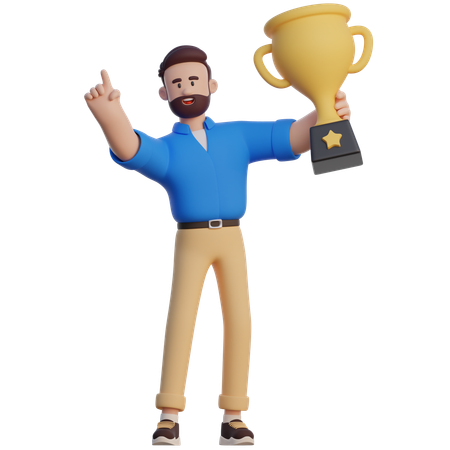 Businessman Lifting Trophy  3D Illustration