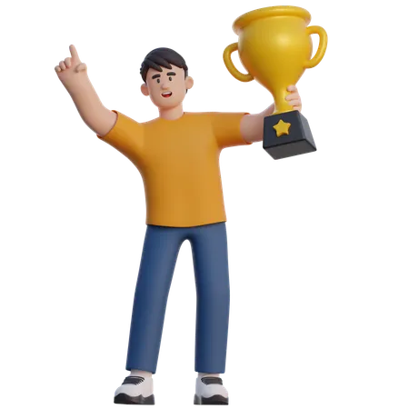 Businessman Lifting Trophy  3D Illustration