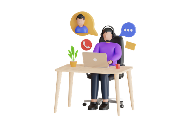 Businessman Listening To Client Via Headset And Answering Customer Calls In Call Center Office  3D Icon
