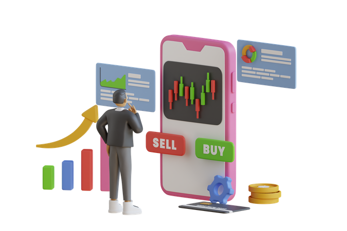 Businessman looking at candlestick chart on mobile phone  3D Illustration