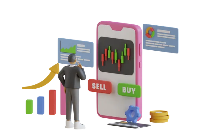 3 D Businessman Buying Or Selling Shares Investing In Stock Market From Mobile Phone Candlestick Chart Of Stock Sale And Buy Using Mobile Phones Market Investment Trading 3 D Rendering 3D Illustration