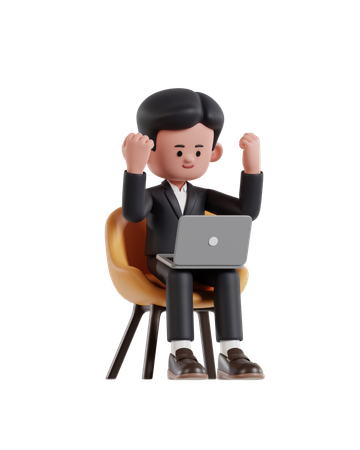 Businessman looking at laptop screen while raising his hand in celebration  3D Illustration