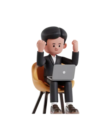 3 D Illustration Of Cartoon Businessman Looking At Laptop Screen While Raising His Hand In Celebration 3D Illustration