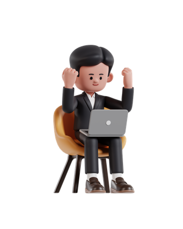 Businessman looking at laptop screen while raising his hand in celebration  3D Icon