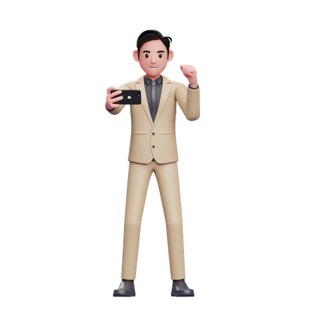 Businessman looking at the phone screen while shouting happy celebrating victory 3D Illustration