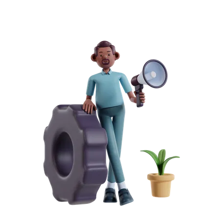 Businessman With Tosca Shirt Leaning On Gear While Holding Megaphone Making Marketing Strategy 3 D Illustration Of Marketing Strategy 3D Illustration