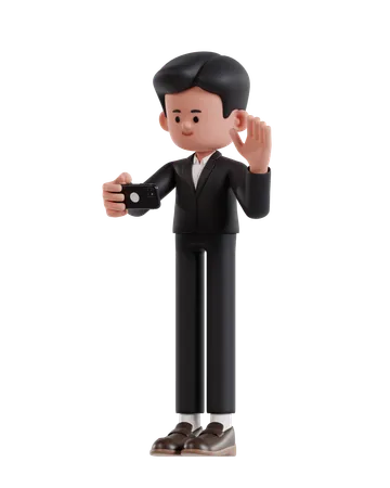 3 D Illustration Of Cartoon Businessman Is Making A Video Call With A Smartphone 3D Illustration