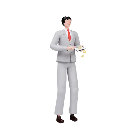Businessman Managing Finances While Holding Coins  3D Illustration