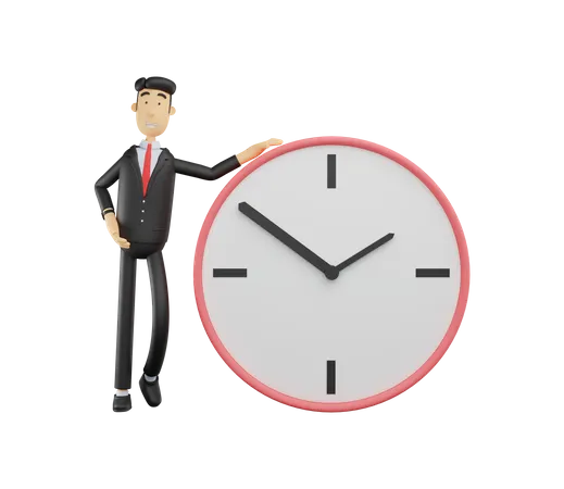 3 D Bussiness Man Character Leaning On The Clock 3D Illustration