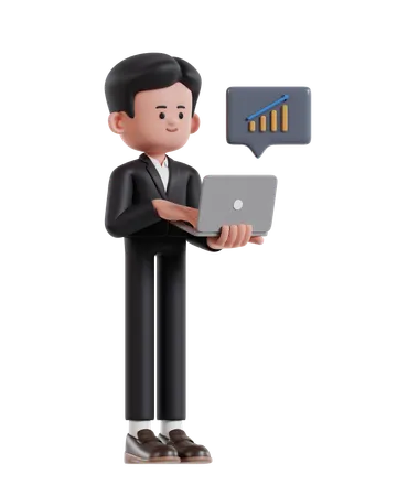 Businessman Monitoring Growth Statistics On Laptop Screen  3D Illustration