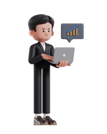 Businessman Monitoring Growth Statistics On Laptop Screen  3D Illustration