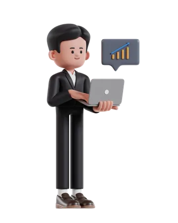 3 D Illustration Of Cartoon Businessman Monitoring Growth Statistics On Laptop Screen 3D Illustration