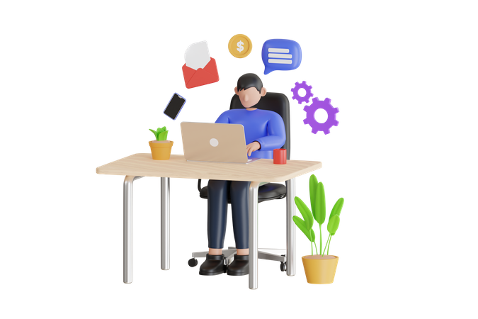 Businessman Multitasking At Work Place  3D Icon