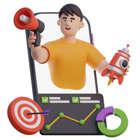 Businessman On Smartphone Screen Doing Promotion  3D Illustration