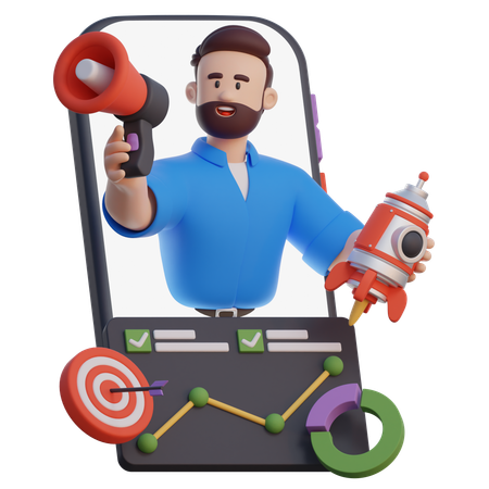 Businessman On Smartphone Screen Doing Promotion  3D Illustration