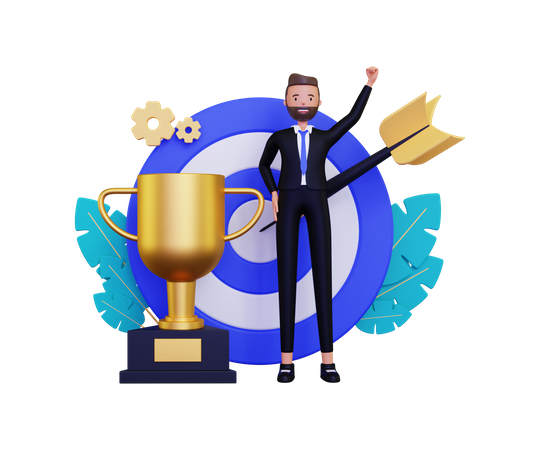 Businessman personal goal with gold trophy and dartboard  3D Illustration