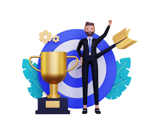 Businessman personal goal with gold trophy and dartboard  3D Illustration