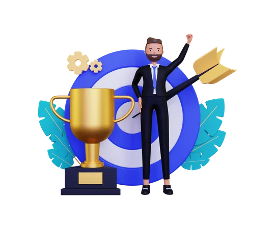 Businessman personal goal with gold trophy and dartboard 3D Illustration