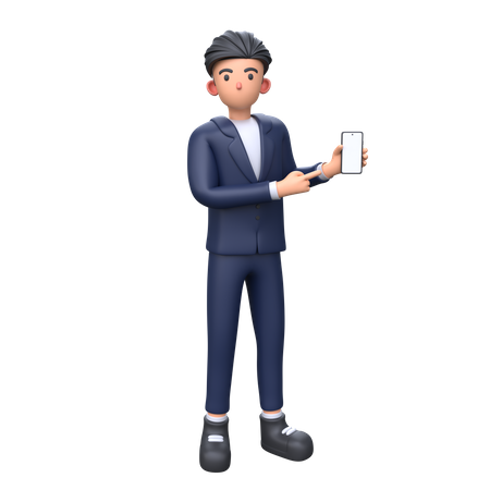 Businessman pointing at blank phone screen  3D Icon