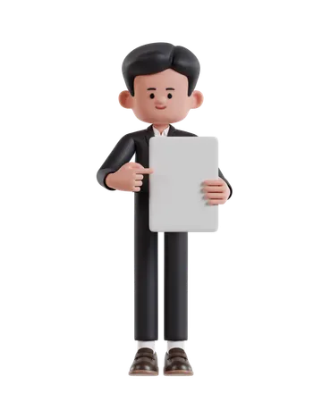 3 D Illustration Of Cartoon Businessman Pointing At Blank White Paper 3D Illustration