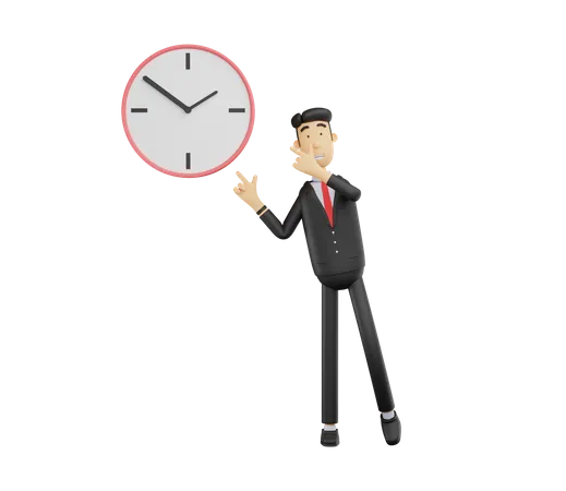 3 D Bussiness Man Character Pointing At The Clock 3D Illustration
