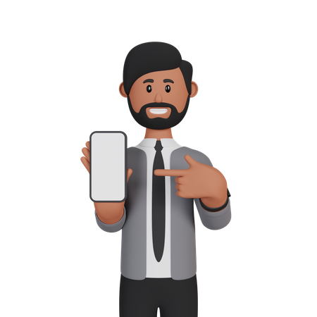 Businessman pointing at smartphone with blank screen  3D Icon