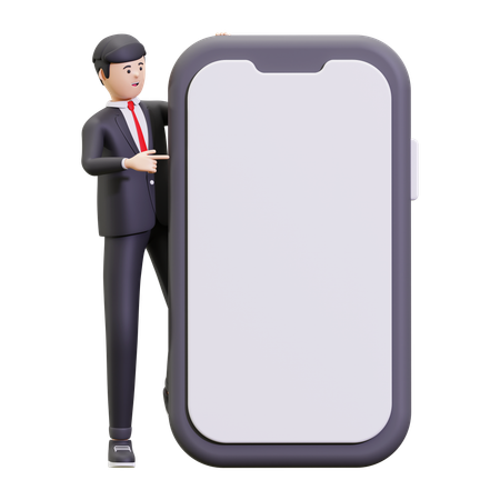 Businessman Pointing At Smartphone With Blank Screen  3D Icon