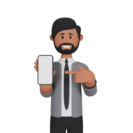 Businessman pointing at smartphone with blank screen 3D Illustration