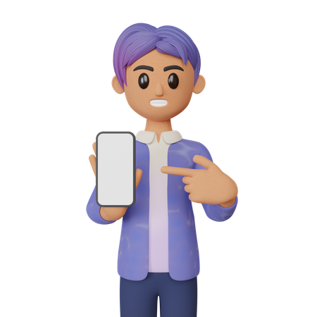 Businessman pointing at smartphone with blank screen 3D Illustration
