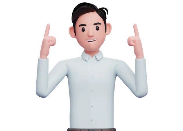 Businessman In Blue Shirt Pointing Two Fingers Up 3 D Illustration Of A Businessman In A Blue Shirt Pointing 3D Illustration