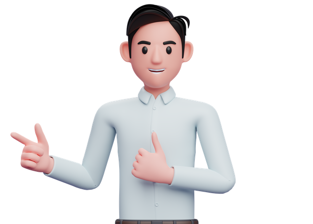 Businessman pointing finger left side and showing thumbs up  3D Illustration